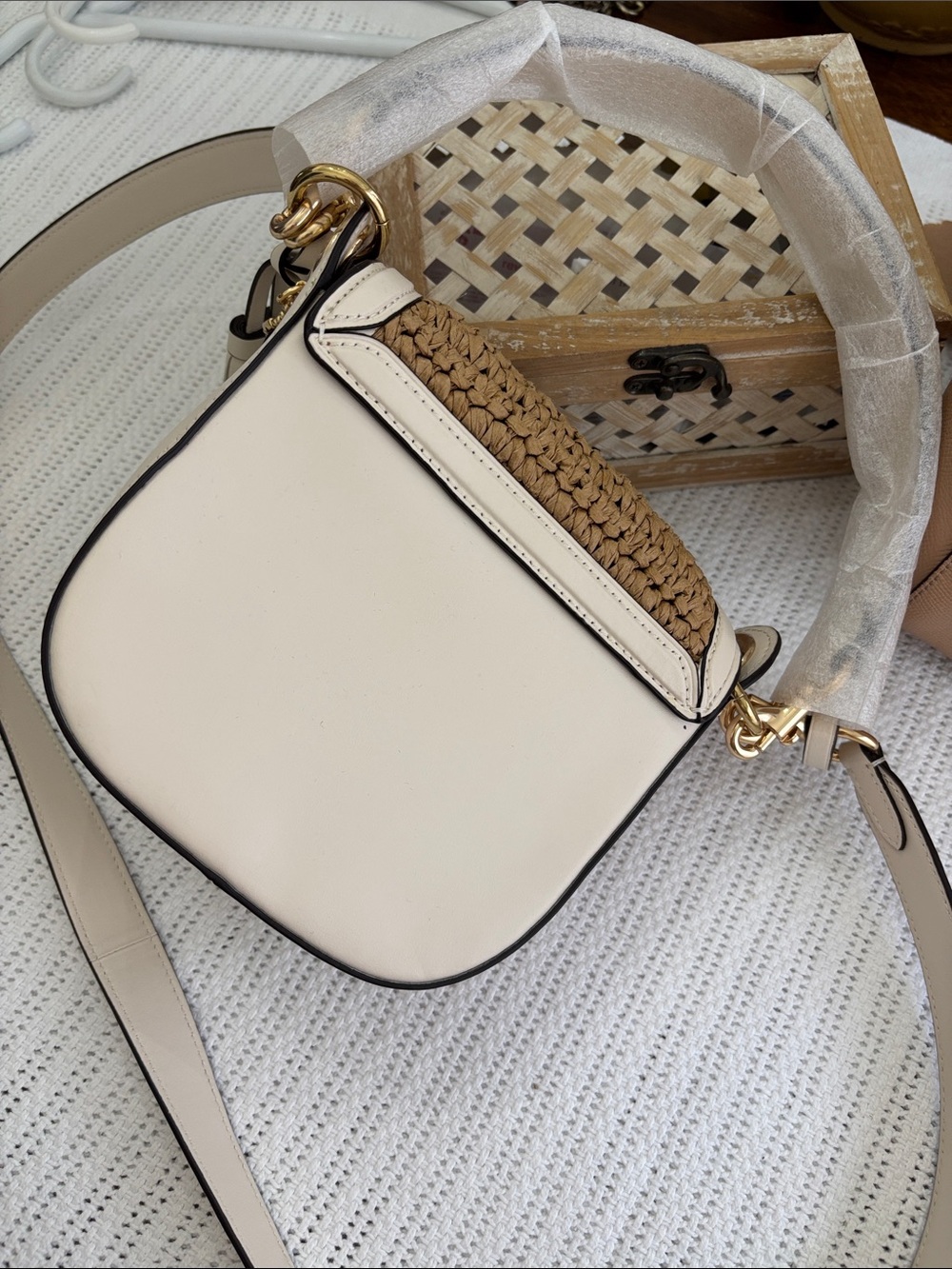 Coach Natural Straw and Chalk Leather Saddle Crossbody - Picture 2 of 4